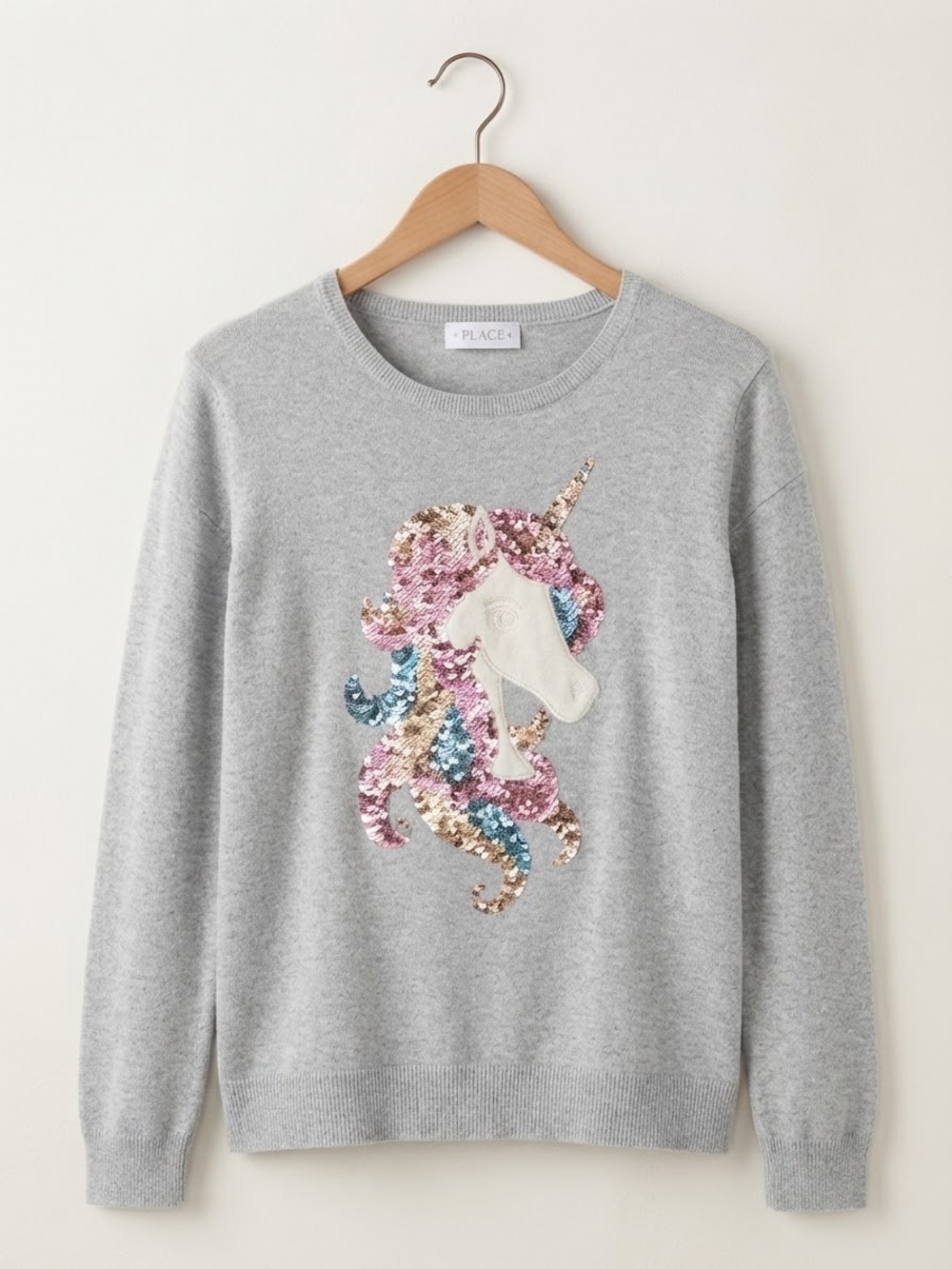The Children's Place Gray Unicorn Sequin Crewneck Sweater